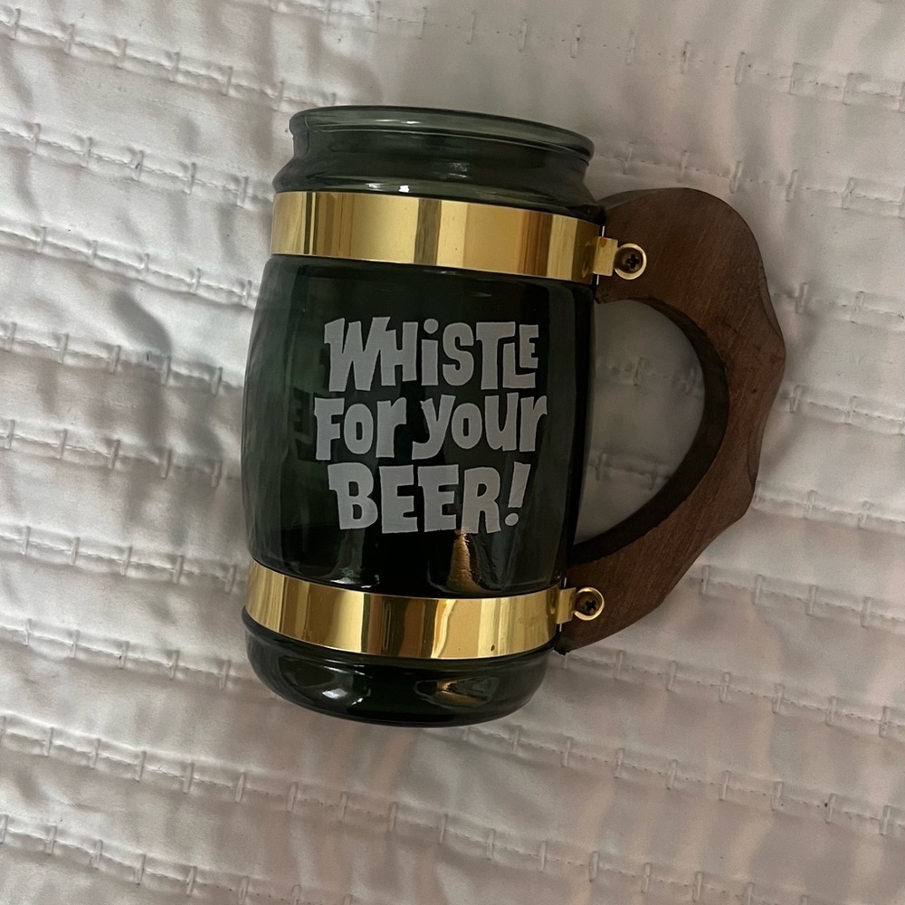 Green and Gold Beer Mug with Wooden Handle